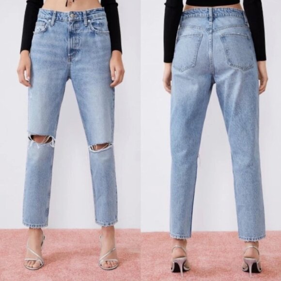 Zara Denim - Zara Ripped Mom Jeans Light Wash High Waist Distressed Straight Leg Denim Size 2
